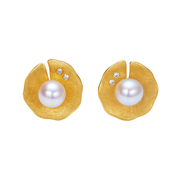 Gold earrings with pearls and small diamonds on a white background